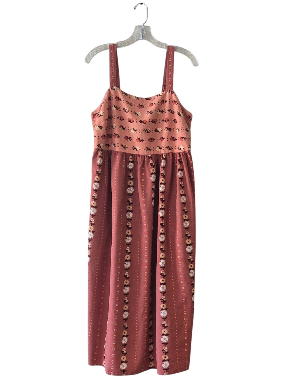 ​Sonoma Floral Midi Dress Women's L Terracotta Boho Smocked Pocket Linen Blend